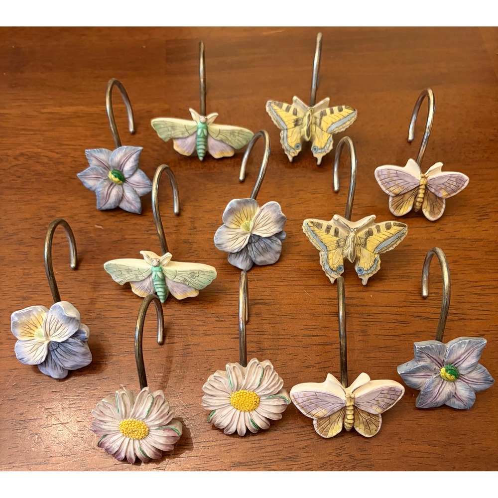 Vintage Garden Butterfly Flower Shower Curtain Hooks Set of 12 Cottagecore Resin
